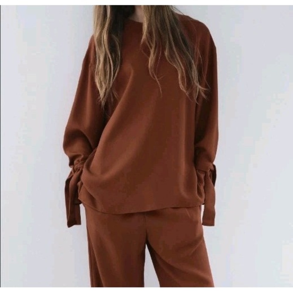 Zara ZW Collection Button Back Long Sleeve With Tie Top Burgundy Size XS NWOT